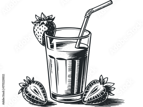 Strawberry beverage with whole and halved fruit on transparent background. Vector hand drawn