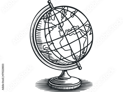 Line art terrestrial globe on stand. Vector hand drawn