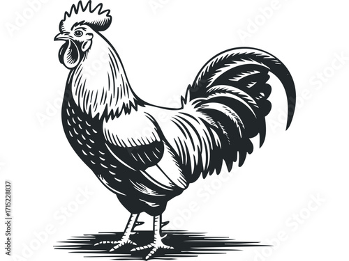 Rooster fowl standing profile a detailed graphic on transparent. Vector hand drawn