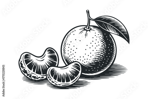 Woodcut Style Mandarin Orange Fruit with Leaf. Vector hand drawn