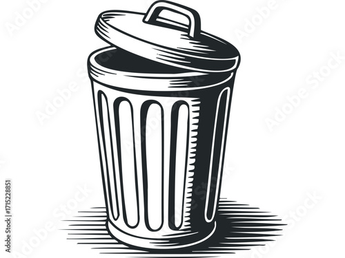 Open trash can with lid graphic. Vector hand drawn