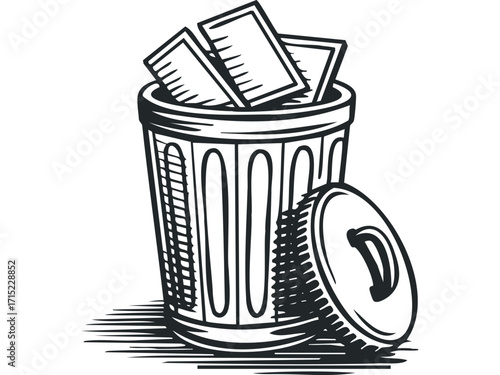 Trash can filled with paper on transparent background. Vector hand drawn