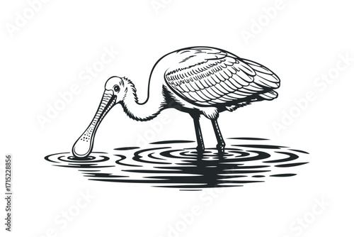 Spoonbill bird foraging in water ripples. Vector hand drawn