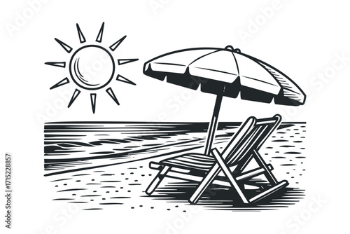 Sun and beach chair illustration on transparent background. Vector hand drawn
