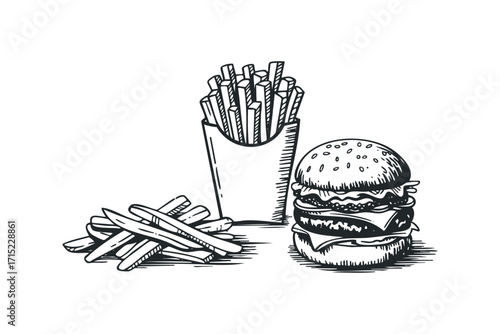 Hand drawn hamburger and french fries on transparent background. Vector hand drawn