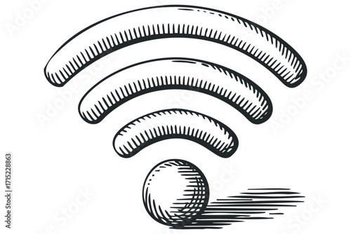 Sketch style Wi Fi signal icon with radiating waves and sphere. Vector hand drawn