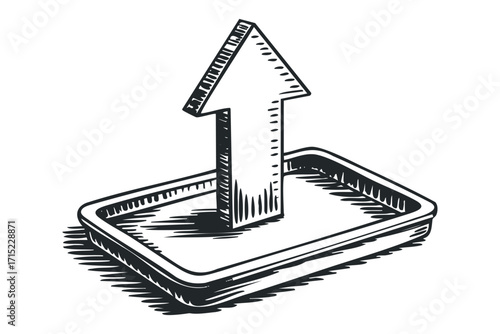 Line drawing of an upward arrow emerging from a base. Vector hand drawn