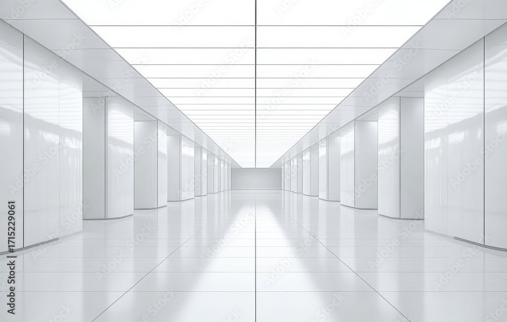 Obraz premium Bright and clean modern corridor with white reflective floor and ceiling, featuring symmetrical design and illuminated panels creating a spacious atmosphere