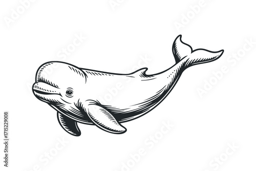 Whimsical beluga whale diving in ocean waves. Vector hand drawn