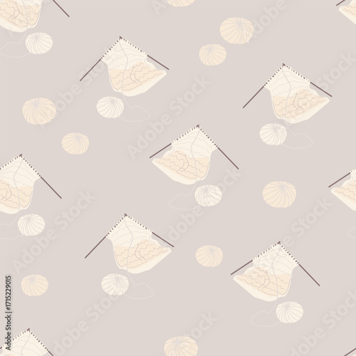 Vector seamless pattern with knitting needles, yarn balls and knitted fabric piece. Perfect for self care, crafts, handmade projects, packaging, textiles, wrapping, stationery and cozy lifestyle