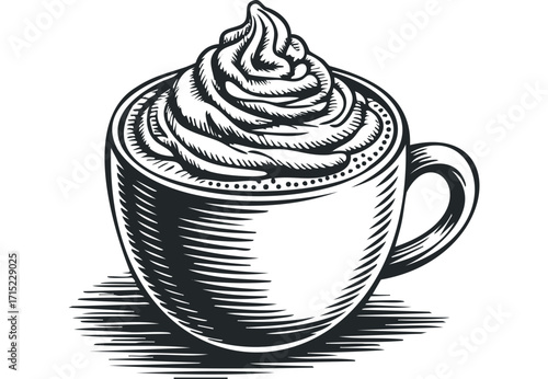 Sketch of a hot beverage with whipped cream on a transparent background. Vector hand drawn