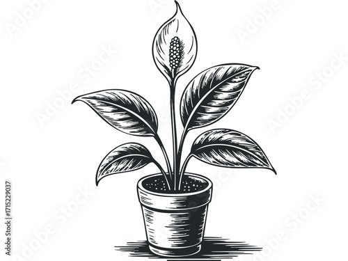 Potted Peace Lily Plant with Striking White Spathe and Leaves. Vector hand drawn