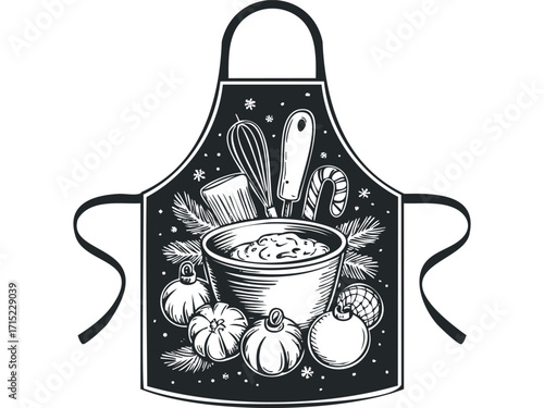 Christmas baking apron with utensils and ornaments. Vector hand drawn