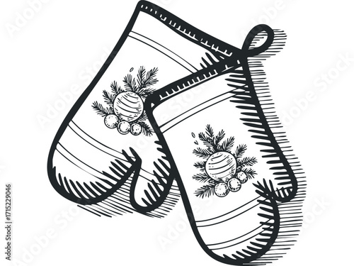 Christmas oven mitts with pine branches and ornaments. Vector hand drawn