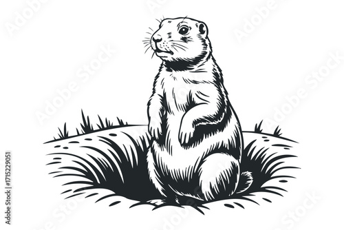 Groundhog standing near its burrow entrance with grass on transparent background. Vector hand drawn