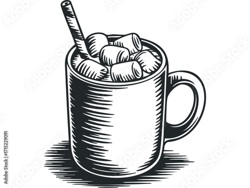 Mug filled with marshmallows and straw. Vector hand drawn