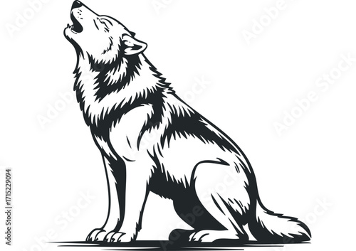 Wolf howling with fur detail on transparent background. Vector hand drawn