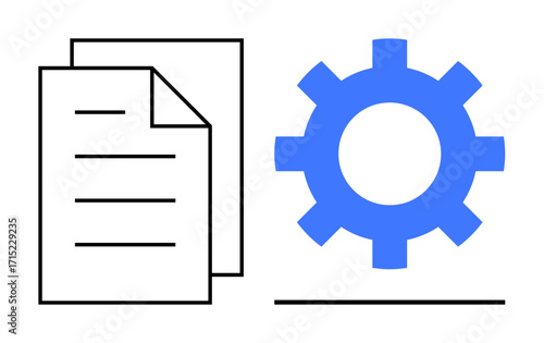 Two stacked documents paired with a blue gear icon representing document processing, system settings, or workflow automation. Ideal for productivity, software, technology, organization, efficiency