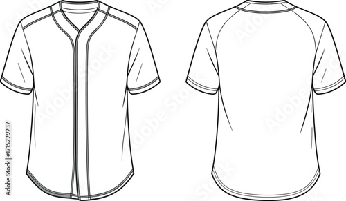 Baseball jersey technical drawing, front and back view, raglan sleeve design, button placket, fashion sketch, garment blueprint, apparel template