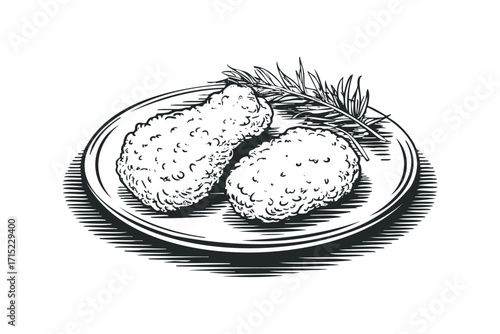Two pieces of fried food with herb garnish on a plate,. Vector hand drawn