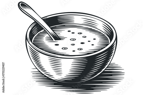 Bowl of Soup with Spoon on Transparent Background. Vector hand drawn