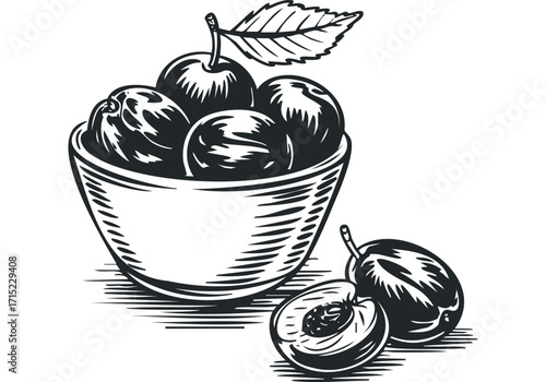 Fruit bowl with plums and a leaf in linocut style. Vector hand drawn