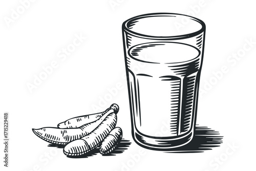 Glass of milk with soybeans on transparent background. Vector hand drawn
