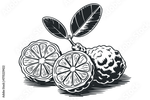 Hand drawn whole and sliced citrus fruit with leaves on transparent background. Vector hand drawn