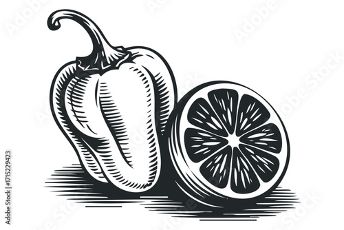Paprika and Citrus Slice, Vintage Style, Isolated Graphic. Vector hand drawn