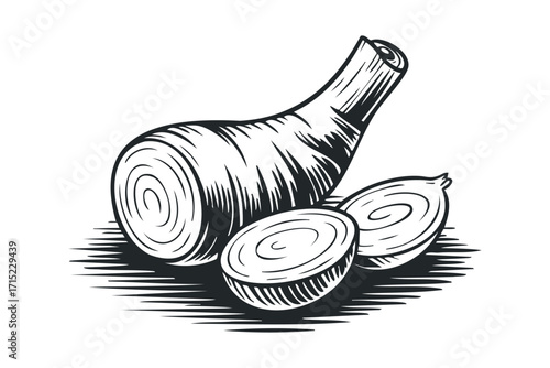 Cut leek and slices. Vector hand drawn