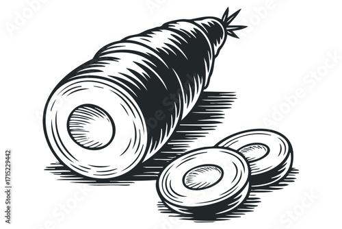 Whole and sliced root vegetable in woodcut style. Vector hand drawn