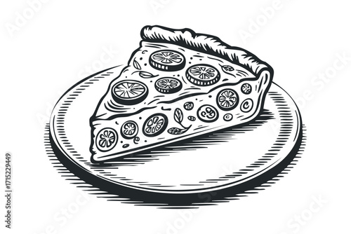 Slice of pizza with tomato and basil on plate. Vector hand drawn