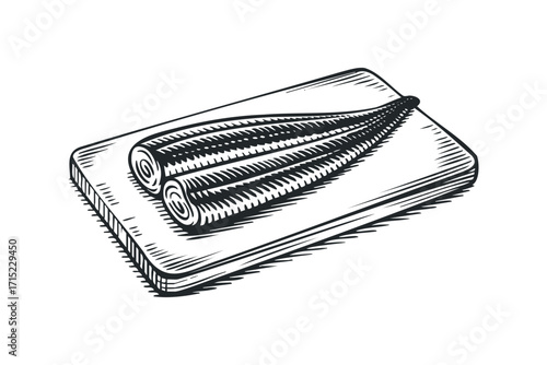 Two rolled sushi pieces on a wooden cutting board. Vector hand drawn