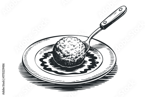 Single meatball on plate with fork holding it. Vector hand drawn