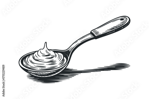 Sketch of a Spoon Filled with Creamy Substance and Shadow. Vector hand drawn