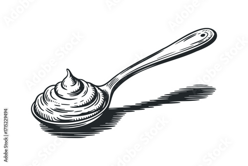 Spoon filled with whipped cream on a white background. Vector hand drawn