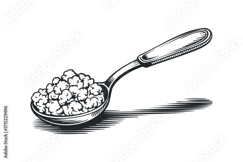Spoon filled with small, textured balls. Vector hand drawn