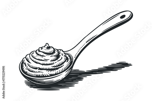 Spoon filled with whipped cream on transparent. Vector hand drawn