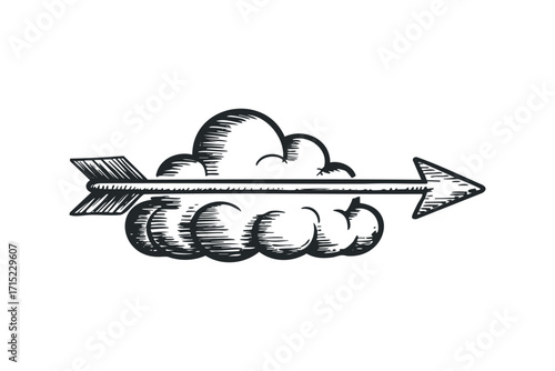 Arrow piercing through a stylized cloud graphic. Vector hand drawn