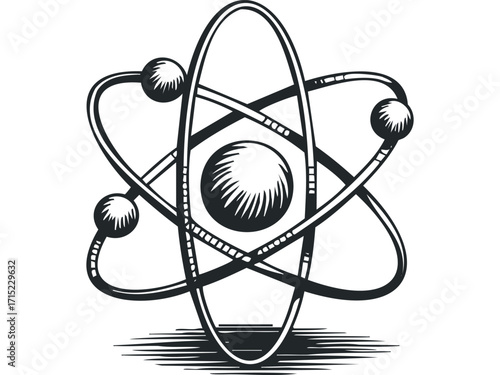 Atom model with orbiting electrons. Vector hand drawn