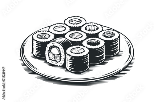 Plate of assorted sushi rolls in black and white woodcut style on transparent background. Vector hand drawn