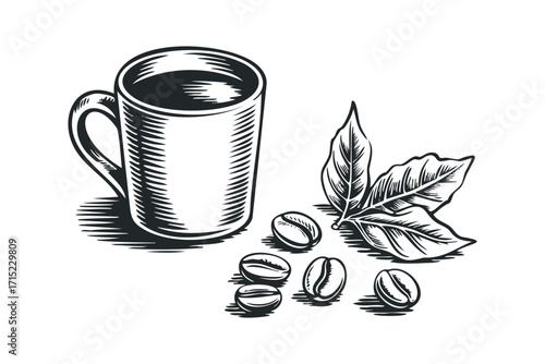 Coffee cup and beans on transparent background. Vector hand drawn