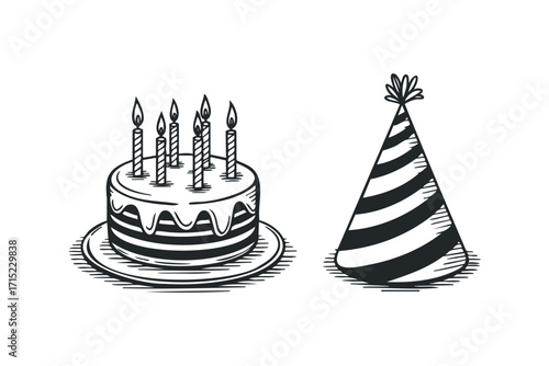 Birthday cake with lit candles and party hat. Vector hand drawn