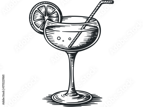 Cocktail with lemon slice and straw graphic on transparent background. Vector hand drawn