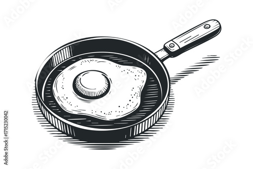 Fried egg in a skillet with hatching effect. Vector hand drawn