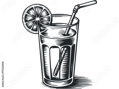 Glass of Refreshing Juice with Lemon Slice and Straw. Vector hand drawn
