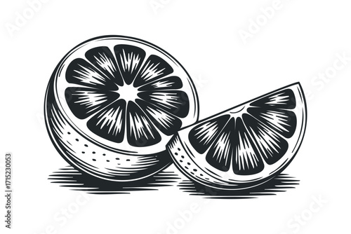 Monochromatic linework drawing of a sliced citrus fruit and a wedge. Vector hand drawn
