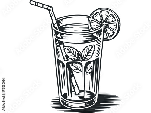 Pint glass with straw and lemon slice on transparent background. Vector hand drawn