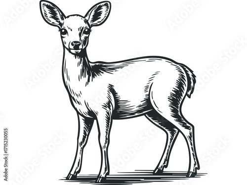 Young deer standing still on transparent background, monochrome sketch. Vector hand drawn