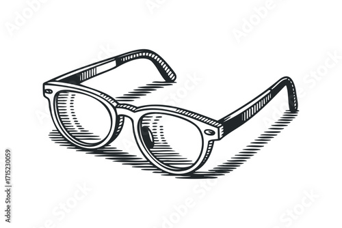 Eyeglasses with thick frames and etched details. Vector hand drawn